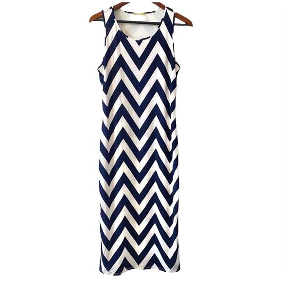 GIANNI BINI Chevron Print Midi Dress Navy White Sleeveless Size Small Summer - Picture 1 of 4
